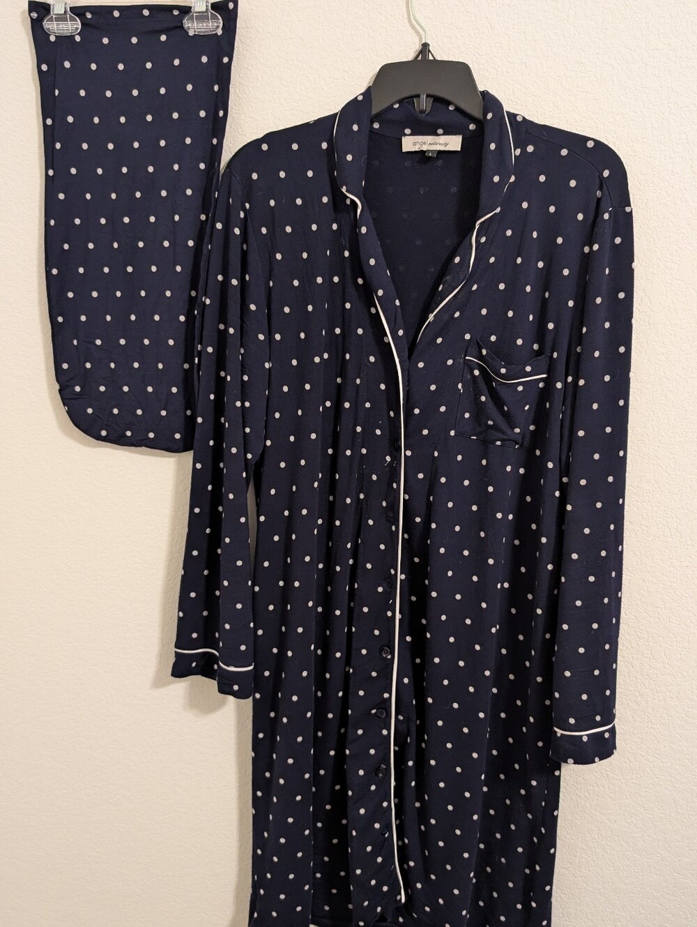 Angel Maternity Set Button Nursing Nightie Gown Baby Swaddle Navy Polka Dot L